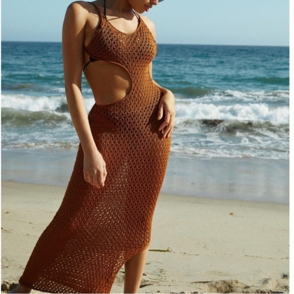 Savannah Morrow Anthropologie Tiva Dress Crochet Knit Maxi Terra Cotta Brown - Picture 14 of 14